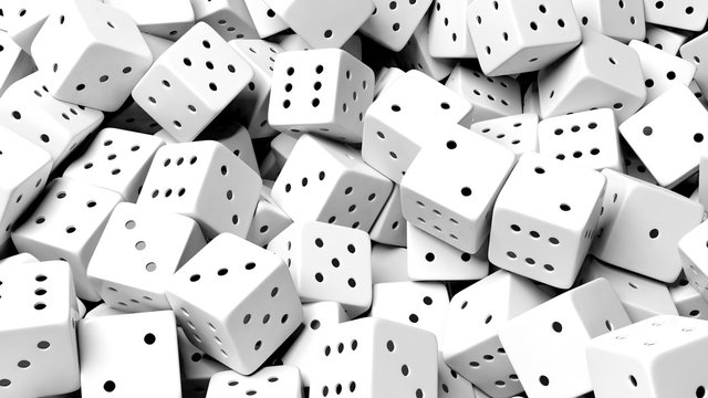 Abstract conceptual background with pile of random white dices, top view.