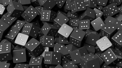Abstract conceptual background with pile of random black dices, top view.