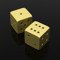 Two golden dices one and six, isolated on black background