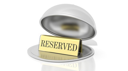 Golden reservation sign inside open serving dome dish, isolated on white.