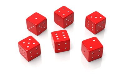 Six red dices with one to six numbers, isolated on white background