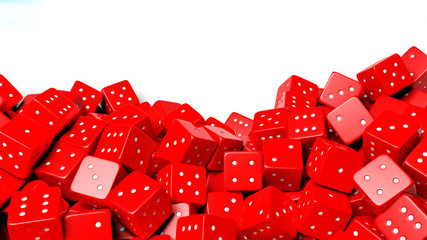 Pile of red random dices with copy-space, isolated on white background