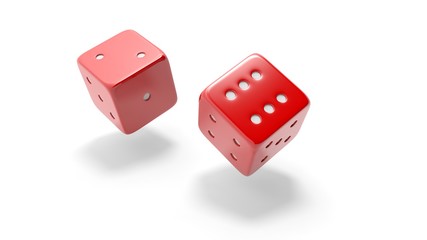Two red dices rolling two and six, isolated on white background