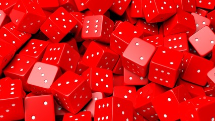 Abstract conceptual background with pile of random red dices, top view.