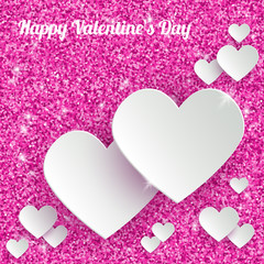 Happy Valentines Day Greeting Card with 3d White Paper Hearts on Pink Glitter Dust Sparkle Background, abstract vector illustration with copy space for your text