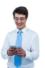 Smiling asian businessman using his telephone