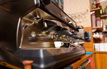 close up of coffee machine at cafe or restaurant