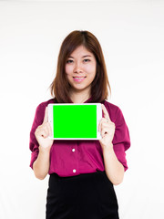 Naklejka premium asian woman with green screen tablet on white background