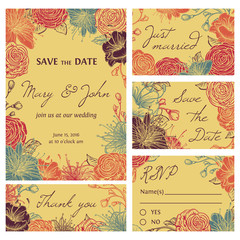 Save the date card collection with flowers. Wedding invitation, thank you card, save the date cards, RSVP card. Vintage hand drawn vector illustration. Isolated elements