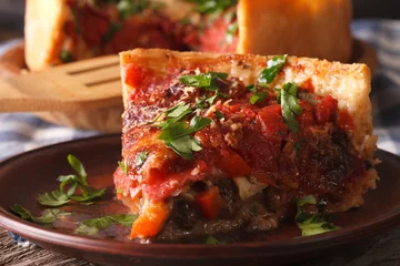 Peel and stick wall murals meal dishes Slice of Chicago deep dish pizza on a plate macro. Horizontal  
