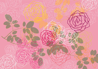 Abstract rose flower pink color background with leave line art land drawn