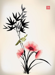 Chinese ink style flower bird drawing