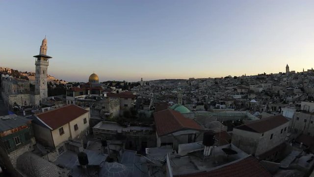 Tracking time-lapse of Jerusalem and the Dome of the Rock at sunset.