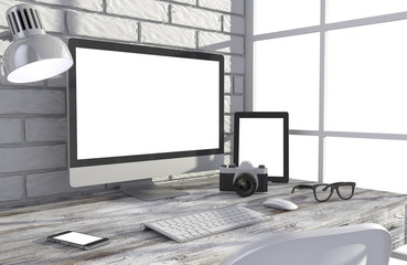 3D illustration PC screen on table in office, Workspace