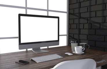 Fototapeta premium 3D illustration PC screen on table in office, Workspace