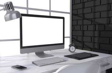 Fototapeta premium 3D illustration PC screen on table in office, Workspace