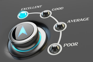 High level of quality service, skill and efficiency concept, web interface switch knob button with arrow pointer indicating the item excellent