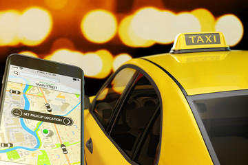 Calling taxi from mobile phone concept, yellow cab transportation network, modern smartphone with app for online taxi ordering service on screen, car with taxi sign at roof on street at night - obrazy, fototapety, plakaty