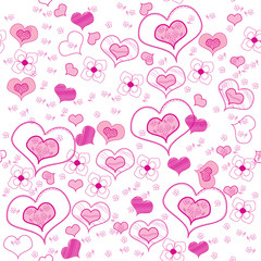 Seamless pattern with hearts and flowers on a white background