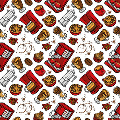 Coffee machine. Coffee pot and coffee cup. Coffee stains. Coffee splashes. Coffee dessert. Vector seamless pattern (background).