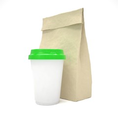Coffee to go and lunch bag, on white.