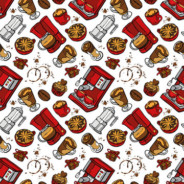 Coffee machine. Coffee pot and coffee cup. Coffee stains. Coffee splashes. Coffee dessert. Vector seamless pattern (background).