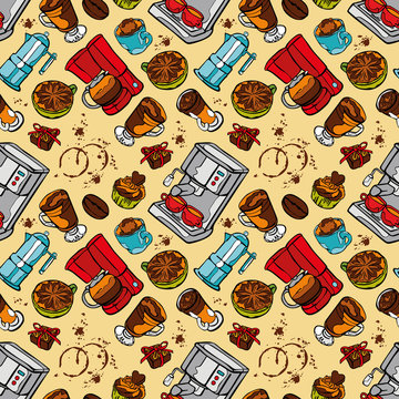 Coffee machine. Coffee pot and coffee cup. Coffee stains. Coffee splashes. Coffee dessert. Vector seamless pattern (background).
