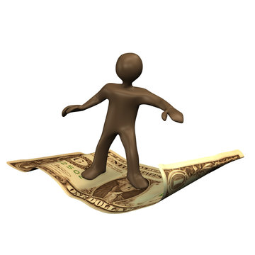 Braunes M&auml;nnchen surfend auf einem Dollar. 3d Rendering.