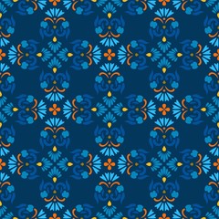 Background, blue, seamless pattern with blue flowers and orange branches. 
