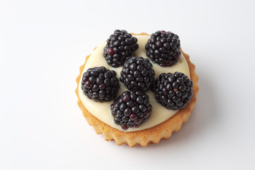 Tortelett mit Brombeeren, Puddingfüllung, auf weissem Untergrun