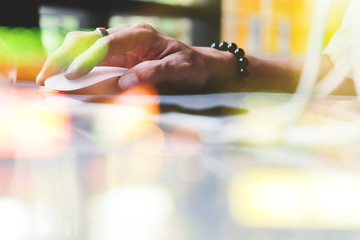 using computer double exposure with defocused city night light background