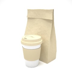 Coffee to go and lunch bag, on white.