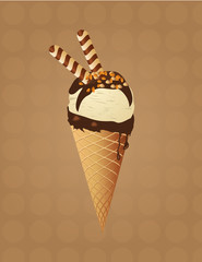 one ice cream cone made of chocolate and vanilla located in the centre of the illustration. could be used in several ideas and topics like Advertising of ice cream, coming of summer, Selling ice cream