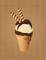 one ice cream cone made of chocolate and vanilla located in the centre of the illustration. could be used in several ideas and topics like Advertising of ice cream, coming of summer, Selling ice cream