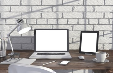 3D illustration laptop and work stuff on table near brick wall, Workspace