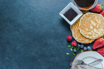 Traditional pancakes, food border background