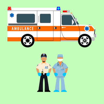 Vector illustration ambulance, ambulance driver and medical team. Rescue.