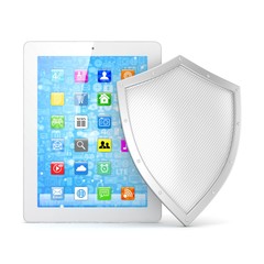 Tablet PC and shield on white device security concept