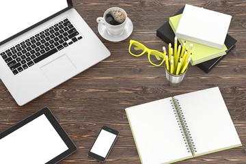 laptop and office stuff, workplace, top view