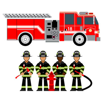 Vector illustration fire truck and fireman. Rescue.