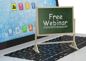 Laptop with chalkboard, free webinar, online education concept