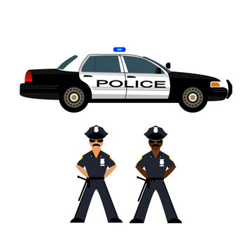 Police car and policemen, officer. Rescue. Vector illustration