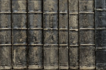 Old Shabby Books With Black Leather Cover Horizontal Background