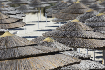 Detail of woven umbrellas above rows on beach in Cyprus.