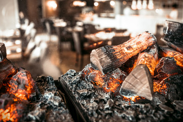 modern restaurant with fireplace