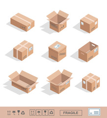 Fototapeta premium Delivery cardboard collection icons Opened, closed, sealed, cubic set isolated 
