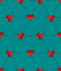 Seamless pattern with rotating blood red hearts on a turquoise triangular surface finish background.