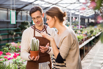 Salesman  offers cactus to young woman in orangery