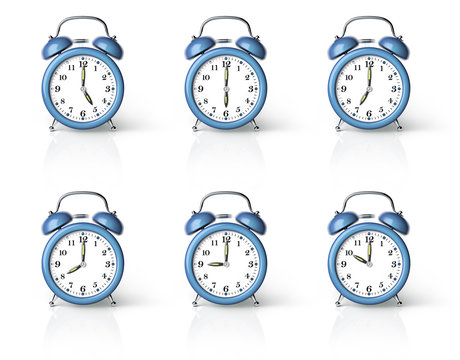 Blue ringing alarm clock isolated on white background