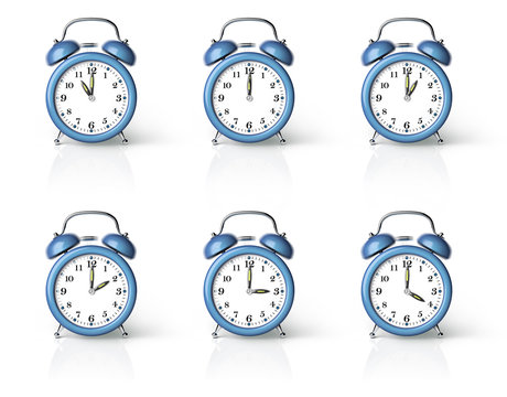 Blue ringing alarm clock isolated on white background